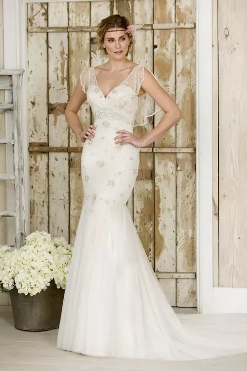 W243 Art Deco Style Lace Boho Wedding Gown With Sleeves True Bride