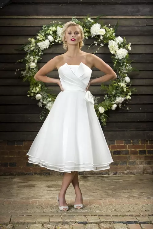 strapless tea length bridesmaid dress Jane Summers Strapless Flattering White Lace Midi Wedding Rehearsal Bridal Dress 10 / White , female , adult main image 1