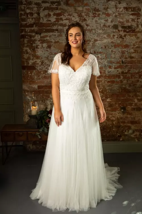 TC-W372 | Beaded Waterfall Sleeve Plus Size Wedding Dress