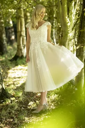 Magnolia | Open Back Lace Tea Length Wedding Dress | Brighton Belle