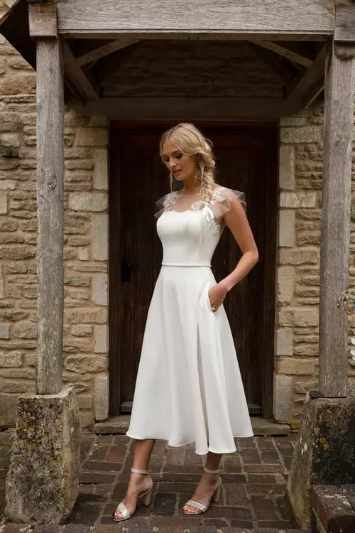 White Fitted Tea Length Dress Lace Casual Civil Wedding Dress Plus Size  A-line Satin Off