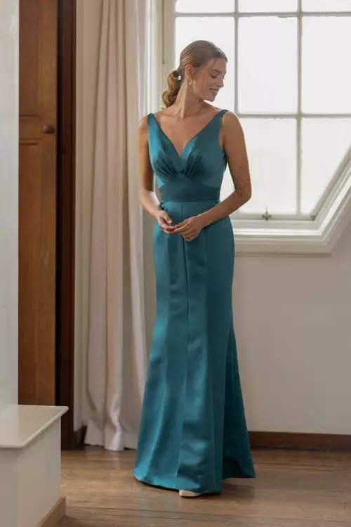 Kennedy E241 | Elegant Satin Bridesmaid Dress with Plunge Back | Essentials