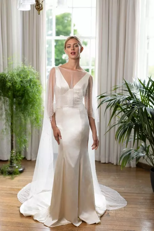 black prom dress with beaded top Champagne Beaded Mesh Gown with Sheer Cape Overlay – Luxe Evening Dress main image 0