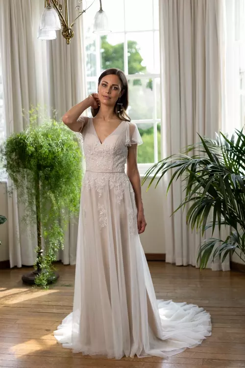 sachin and babi light blue dress Champagne Aline Wedding Dress with Pockets,See Through Bridal Gown main image 1