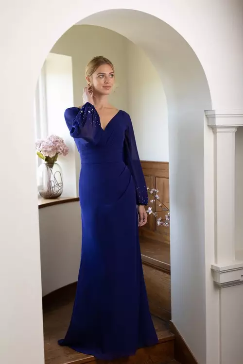 hem bridesmaid dress Embroidered Lace Deep V-Neck A-line Irregular Bridesmaid Dress
