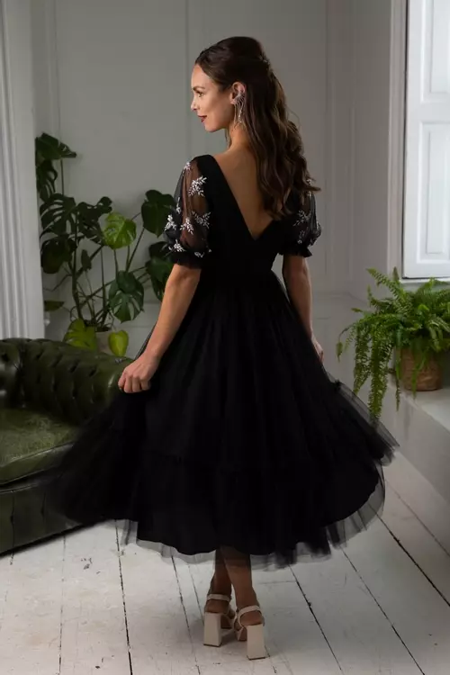 Astrid | Black Tulle Tea Length Dress with Puff Sleeve | Brighton Belle