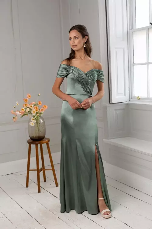 Barrett M500CHAM | Pleated Off the Shoulder Dress | True Bridesmaids