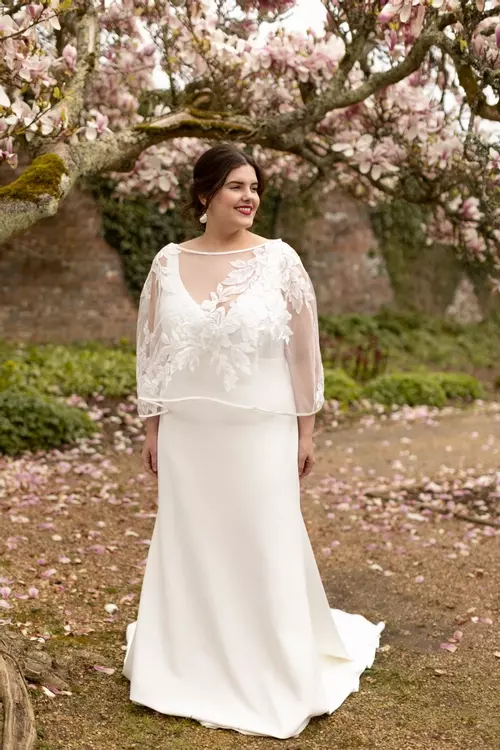 Bronte TC-W462 | Simple Crepe Wedding Dress with Lace Cape | True Curves Bronte TC-W462 | Simple Crepe Wedding Dress with Lace Cape | True Curves