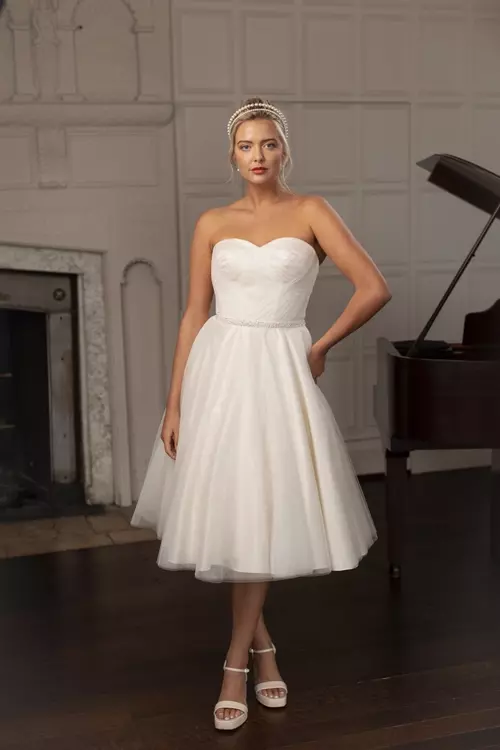 Milly | Pleated Tulle Strapless Tea Length Dress | Brighton Belle