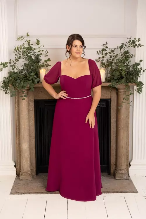 Rosalie M536 | Puff Sleeve Dress with Pearl Beaded Belt