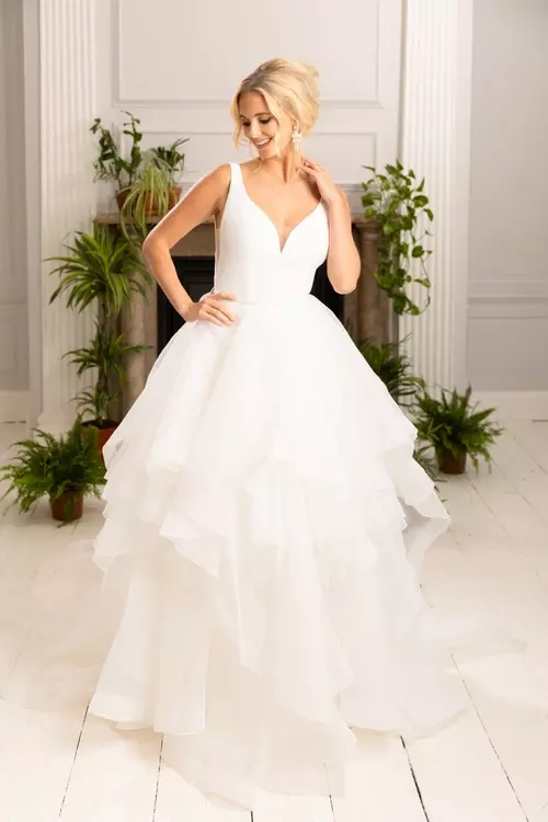Bowie W461 | Dramatic Crepe Dress with Organza Handkerchief Overskirt | True Bride Bowie W461 | Dramatic Crepe Dress with Organza Handkerchief Overskirt | True Bride