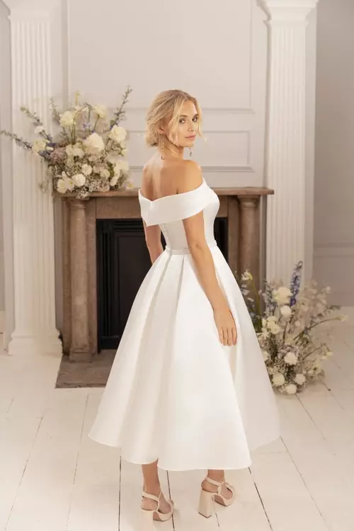 Maxine | Retro Satin Wedding Dress with off Shoulder Collar | Brighton Belle