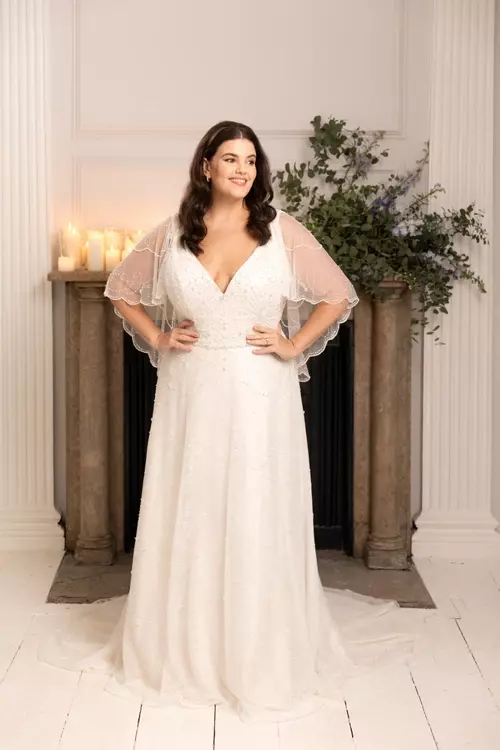 Mila | Vintage Inspired Beaded Wedding Dress with Cape | True Curves