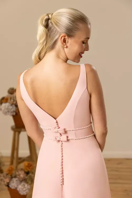 M820 | V Neck Dress with Double Beaded Belt and Bows | True Bridesmaids
