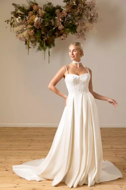 Reva | Stylish Satin Sweetheart Wedding Dress with Beaded Bodice | Nicki  Flynn