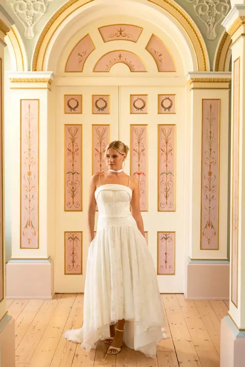 Grove | All Over Beaded Drop Waist High Low Bridal Gown